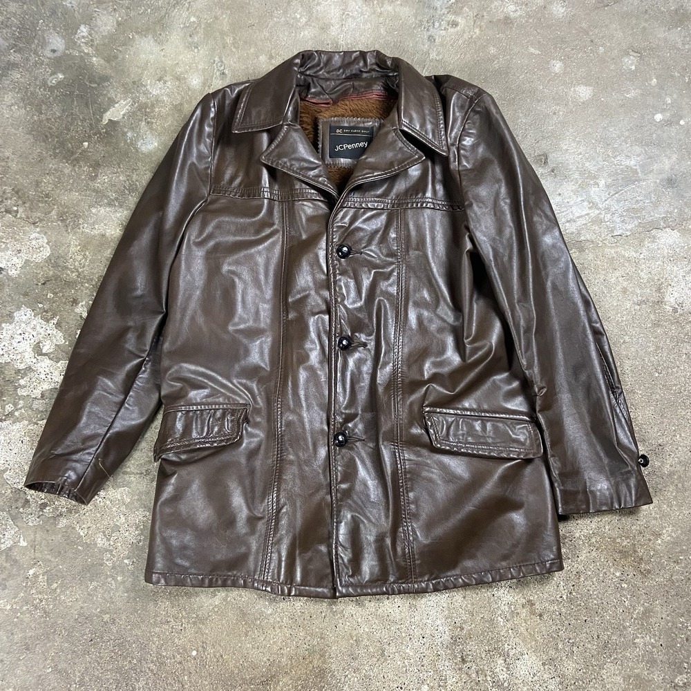 Vintage 70s JC Penney Leather Jacket Size 40 Brown Button Front Shearling Lined